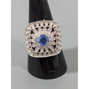 Edwardian Style Blue Rhinestone Square Pave Cocktail Ring Size 9 Statement Silve